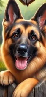 Happy German Shepherd in a lush garden