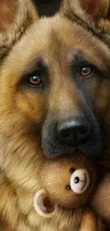 German Shepherd holding a teddy bear, showcasing adorable realism.