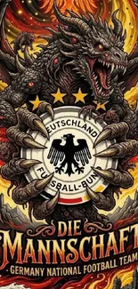 Fierce dragon with Germany football logo in fiery art style.