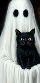 A ghost with a black cat in Halloween-themed art.