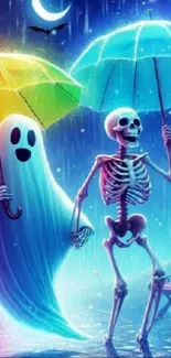 Whimsical skeleton and ghost with umbrellas, set in vibrant rain art.