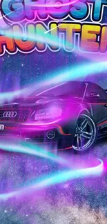 Neon Ghost Hunter car with cosmic backdrop and vibrant colors.