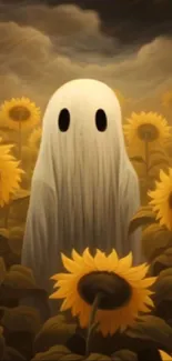 Mysterious ghost in a sunflower field with a moody sky, artistic mobile wallpaper.