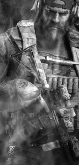 Rugged soldier from Ghost Recon in monochrome tactical gear.