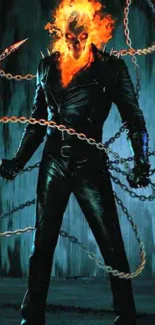 Ghost Rider with blazing chains and fiery skull.