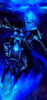 Ghost Rider in neon blue flames on motorcycle wallpaper.