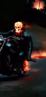 Ghost Rider on a flaming motorcycle in the night.