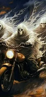 Three ghostly bikers ride through a dark, eerie landscape on motorcycles.