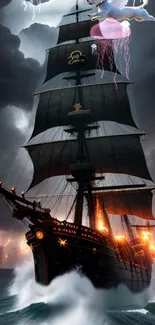 Ghost ship sailing through a stormy sea with glowing elements.