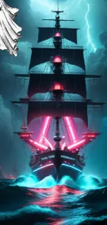 Ghostly pirate ship sails through a lightning storm over dark, turbulent waters.