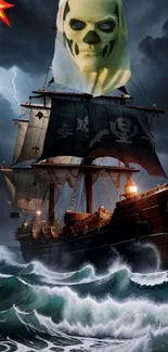 Ghostly pirate ship sailing through a stormy sea with lightning.