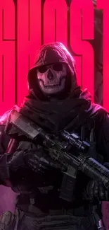 Ghost soldier with neon lettering on dark background.