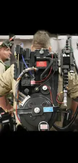 Three Ghostbusters with proton packs from the iconic film series.