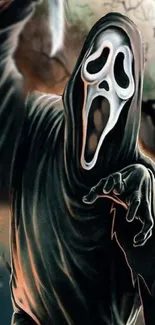 Ghostface with white mask, dark spooky background.