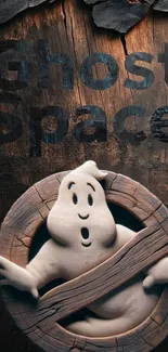 Playful ghost on wooden background wallpaper.
