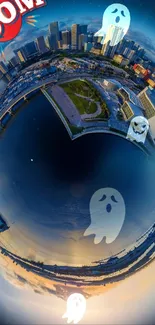 Ghost themed city panorama wallpaper with whimsical design.