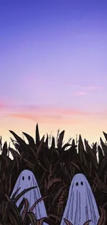 Ghosts in a cornfield at dusk with a purple sky.