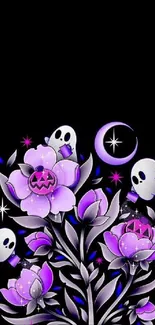 Ghostly floral wallpaper with purple flowers and cartoon ghosts.