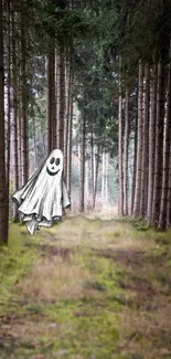 Ghost in a forest-themed mobile wallpaper with a mysterious ambiance.