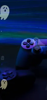 Ghosts and gaming controllers on a dark blue background.