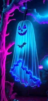 A glowing ghost hanging amid neon trees in a Halloween setting.