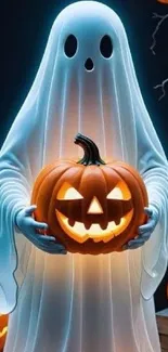 Ghost holding a glowing pumpkin in Halloween theme.