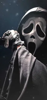 Ghost in hooded cloak holding a knife, dark background.