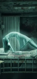 Ghostly figure rising from bed in spooky hospital room.