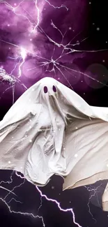 Ghostly figure with purple lightning on a shattered glass background.