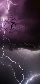 Purple lightning bolt with ghostly figure in dark storm clouds.