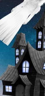 Ghostly mansion with a spectral figure under a starry sky in fantasy art.