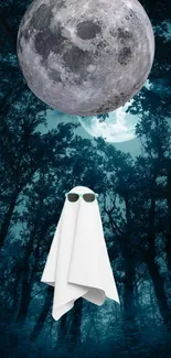 Ghost under full moon in dark forest wallpaper.