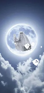 Ghostly figure floating in a moonlit, cloudy sky wallpaper.