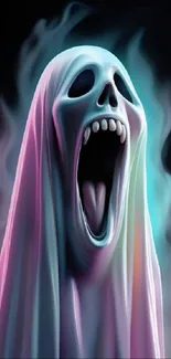 Colorful ghost with open mouth on black background.