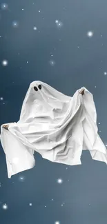 Whimsical ghost in a night sky background with scattered stars.