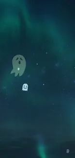 Cute ghosts floating in a starry night sky wallpaper.