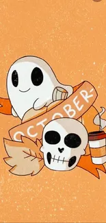 Cute October ghost and skull wallpaper in autumn orange.