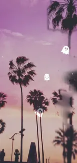 Ghostly figures float among palm trees under a purple sky at sunset.