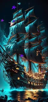 Pirate ship gliding in a glowing blue sea at night.