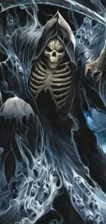 Mystical ghostly reaper with skeletal figure and smoky blue wisps.