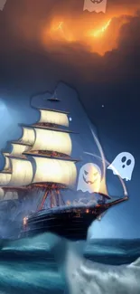 Ghostly ship sailing under stormy sky with haunting vibes.