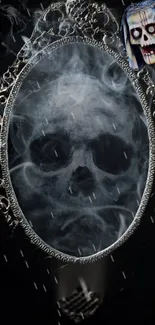 Ghostly skull reflection in ornate mirror with smoky effects.