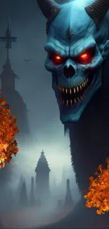 Dark skull with fiery eyes in misty setting.