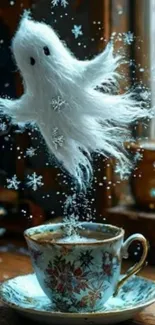 Ghost rises from teacup with snowflakes.