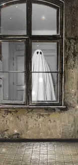 Ghostly figure peering through window in a vintage, eerie setting.