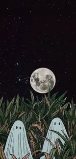 Ghosts in a cornfield under a full moon and starry night sky.