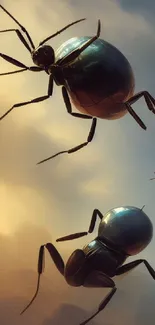 Giant ants crawling across a golden sky in a surreal fantasy wallpaper.