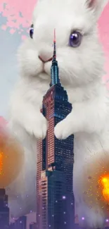 Whimsical giant bunny with city backdrop and colorful explosions.