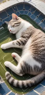 A giant cat sleeping on a football field in a stadium.