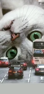 Giant cat with green eyes over city street scene.